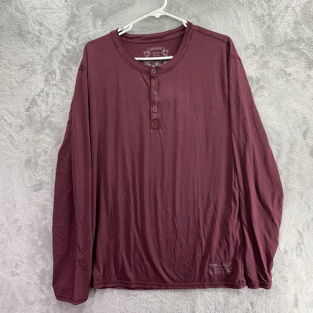 Express Burgundy Henley Shirt Men's XL Long Sleeve 100% Cotton Button Placket